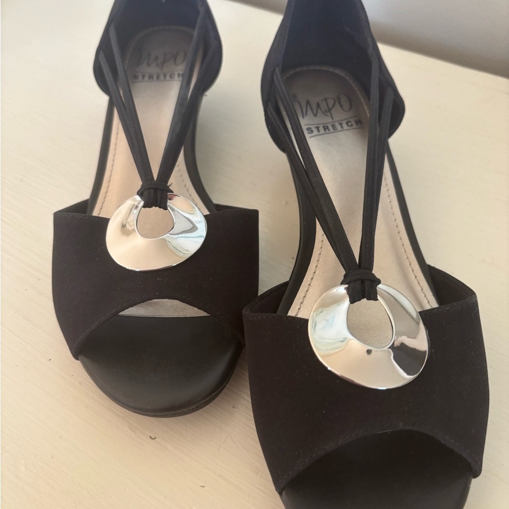 Impo Black and Silver Heels with Peep-Toe Design